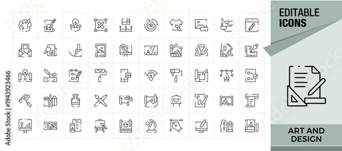 Art And Design related icon set. Web icons pack. Art vector line icon set. Pictograms of creativity, graphic, brush, artistic, digital, artwork and more.