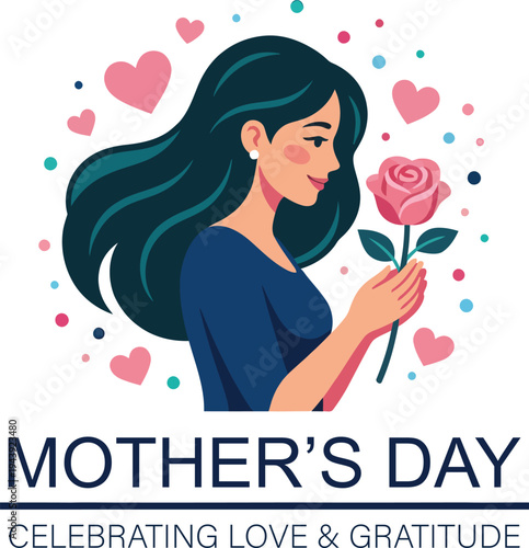 Mother’s Day Illustration with Woman Holding Rose and Hearts – Celebrating Love and Gratitude