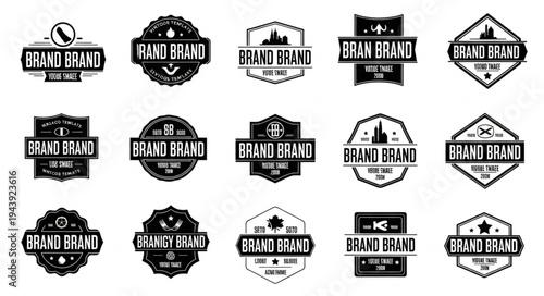 Collection of Vintage Brand Logos and Badges in Black and White.