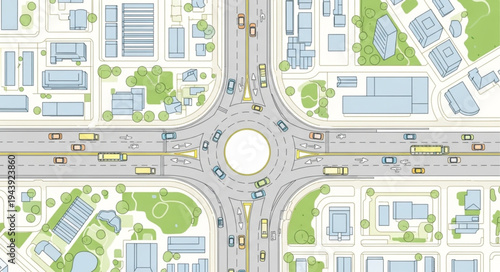 Aerial View of a Roundabout Intersection with Buildings.