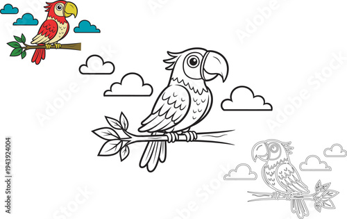 Coloring book page featuring a parrot and tropical leaves for kids