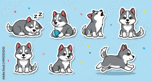 Collection of Adorable Husky Puppy Cartoon Illustrations in Various Poses.