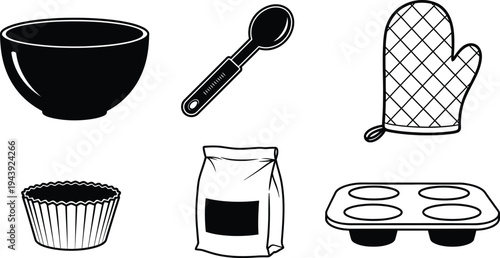 Set of essential baking tools and kitchen utensils presented in a simple black and white line art style perfect for culinary designs and recipe illustrations