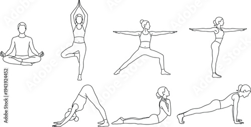 Set of diverse people practicing yoga poses depicted in a minimalist outline vector illustration ideal for fitness apps wellness websites and health-related content
