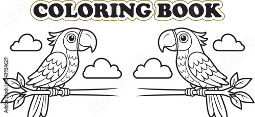 Vibrant parrots coloring book for kids and adults featuring tropical birds and clouds