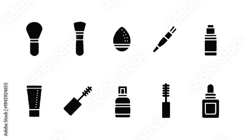 Makeup brush and cosmetic icons in black silhouette vector illustration