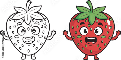 Coloring book page of happy strawberry characters for kids