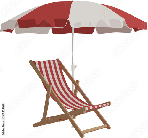 Beach deck chair with striped umbrella flat vector illustration summer vacation relaxation furniture concept isolated on white background