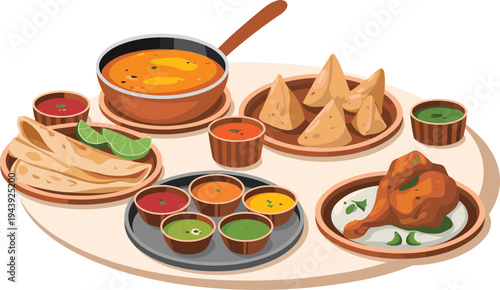Traditional Indian food platter vector illustration with naan samosa curry chicken and chutney bowls restaurant cuisine concept