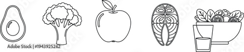 Minimalist outline icon set representing healthy food items such as avocado broccoli apple salmon and a fresh salad designed for nutrition apps wellness websites and dietary infographics