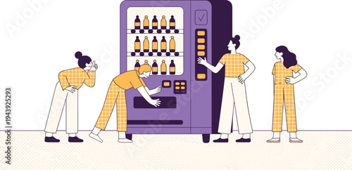 People buying drinks from vending machine vector illustration showing automated beverage dispenser self service retail concept