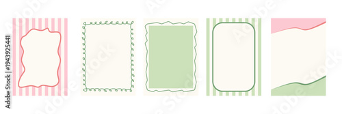 Cute hand drawn pastel frame cards set. Collection of minimalist vertical greeting cards with pink, green stripes, and unique borders for invitations, journaling, and notes.