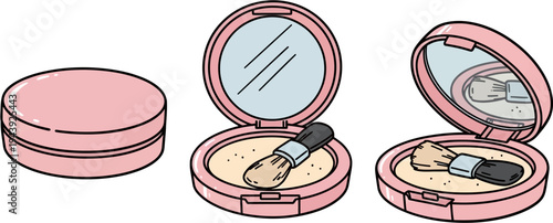 Three views of a pink compact powder case with a mirror and makeup brush.