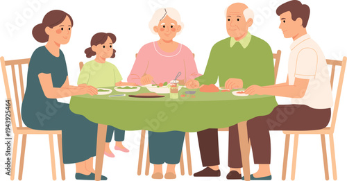 Family eating dinner together vector illustration showing parents grandparents and child enjoying meal at dining table