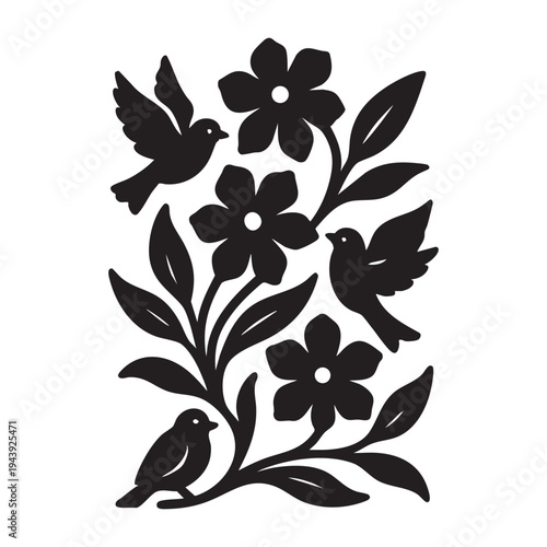 A beautiful decorative vector graphic illustration featuring three elegant silhouette birds, with two gracefully flying and one calmly perched, 