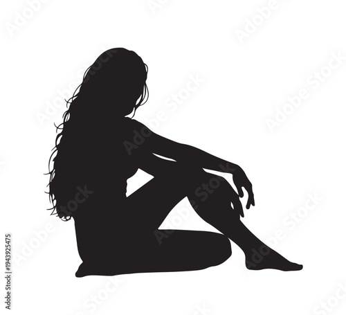 Graceful silhouette of a woman with long flowing hair, seated in a tranquil pose, embodying serene beauty, feminine elegance, and quiet introspection