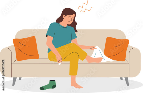 Woman suffering from ankle pain vector illustration showing foot injury bandage and healthcare pain concept