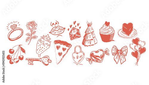 Heart shaped objects in a romantic illustration with love symbols