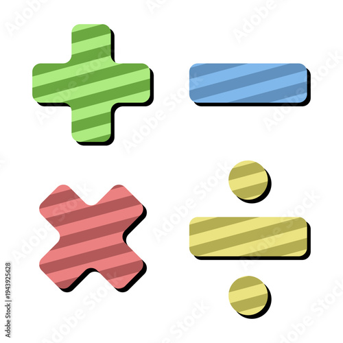 Colorful hand drawn doodle style math operators set with diagonal texture and shadows. Minimalist green plus, blue minus, red multiply, and yellow divide symbols for education designs.