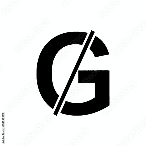Bold black letter G with a prominent diagonal strike-through, symbolizing prohibition, restriction, or cancellation, presented as a minimalist graphic icon on a clean white background