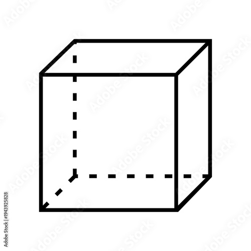 Minimalist vector diagram of a standard geometric cube. Black outline perspective view with hidden dashed lines to visualize 3D internal structure, perfect for mathematics and engineering.