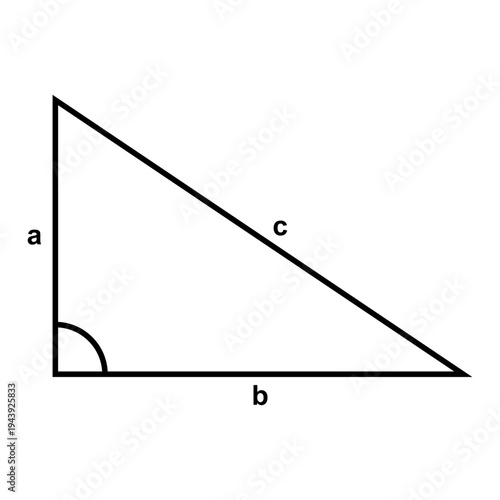 Minimalist vector illustration of a right triangle for geometry. Black outline with a marked 90 degree angle and labeled sides a, b, and c hypotenuse for math education.