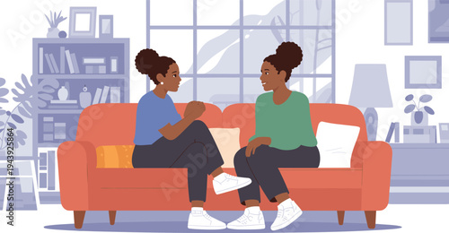 Two women talking on sofa vector illustration showing friendship communication and casual conversation in home lifestyle concept