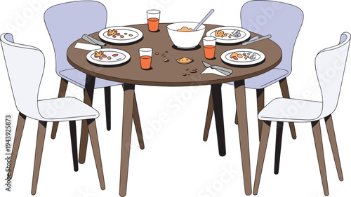 Dining table with chairs and meal dishes vector illustration showing family dinner table setup and home dining concept