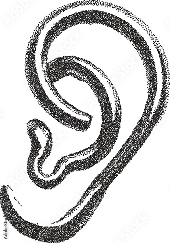 Ear vintage y2k stipple art, listen halftone stipple brutalist retro vector png with transparent background, sound 2000s aesthetic photocopy effect tattoo