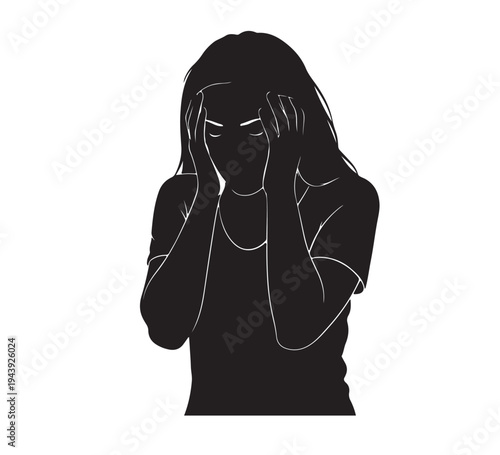 Graphic silhouette of a woman gripping her head, depicting profound emotional distress, intense stress, anxiety, mental pain, or a severe throbbing headache