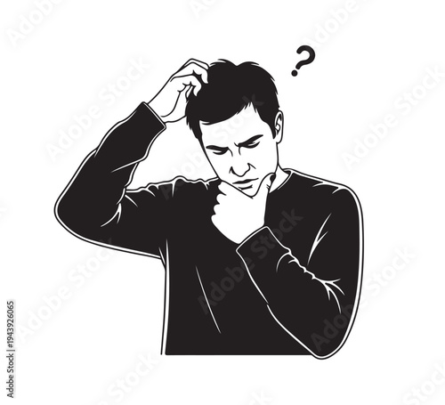 A perplexed man deeply thinking, scratching his head with confusion and uncertainty as he contemplates a difficult problem, seeking a solution