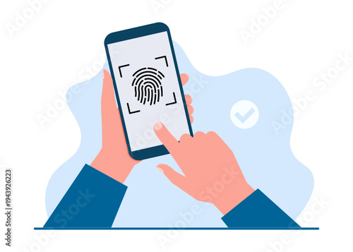Hand holding smartphone with biometric fingerprint scan stock illustration.