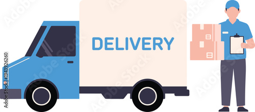 Courier delivery service vector illustration with delivery truck courier worker holding parcels and clipboard for ecommerce shipping logistics concept