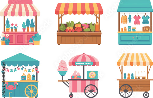 Street market stall vector set with vendor booths food carts flower shop stands and local marketplace kiosks isolated collection