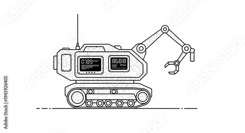 Futuristic Robotic Excavator with Claw Arm and Digital Displays on Tracks