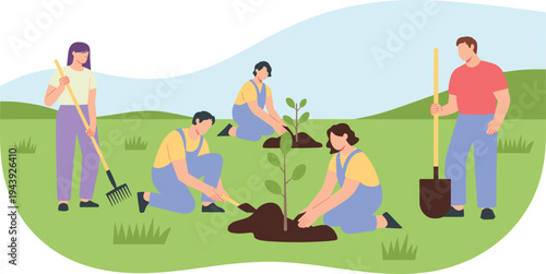 People planting trees and gardening together vector illustration set showing environmental teamwork eco gardening activities and community tree planting