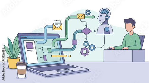 Illustration of a businessman working on a laptop with AI integration and workflow automation