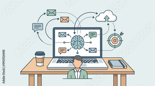 Digital strategy and workflow concept illustrating interconnected online communication, cloud data management, and cognitive processing for business goals