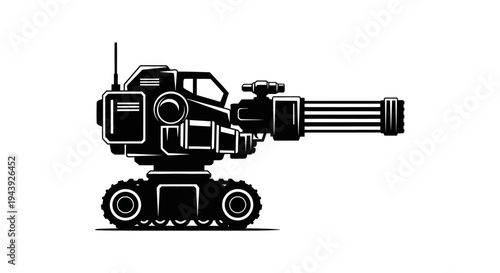 Futuristic Tank Silhouette, Sci-Fi Military Vehicle on Tracks with Large Cannon, Vector Art