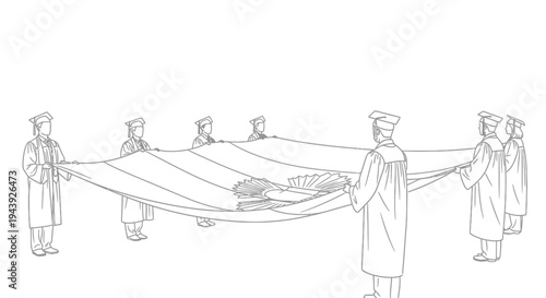 Graduates in Caps and Gowns Unfurl Large Banner with University Emblem