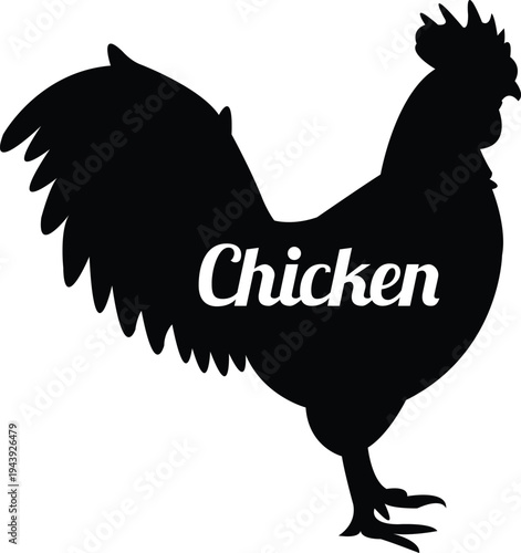 A dramatic black silhouette of a rooster with a prominent comb and flowing tail feathers. The word "Chicken" is written across the midsection in a white, bold italicized font
