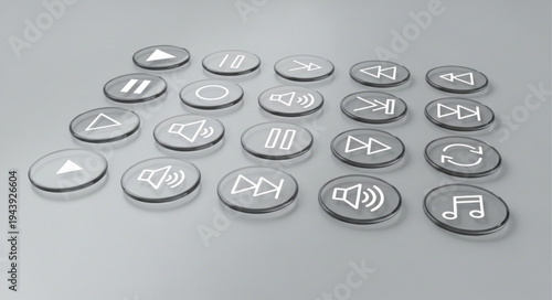 Collection of digital media playback control icons on a neutral surface.