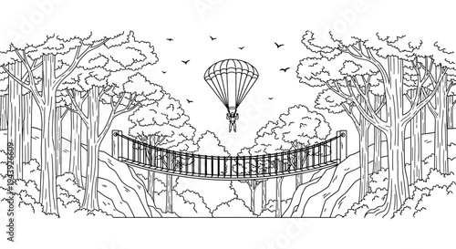 Hot air balloon above suspension bridge in lush forest, adventure travel concept