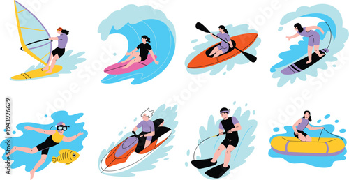 Collection of diverse water sports people vector characters including surfing kayaking and snorkeling for summer vacation activities and extreme hobby illustrations