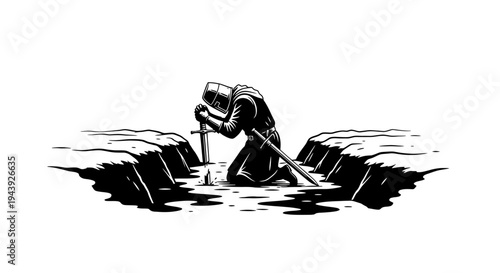 Knight kneeling in a trench, sword stuck in the ground, black and white illustration