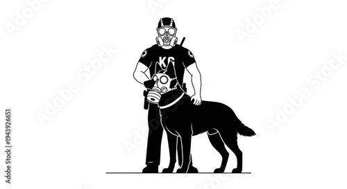 K9 Police Officer and Dog in Gas Masks, Ready for Duty