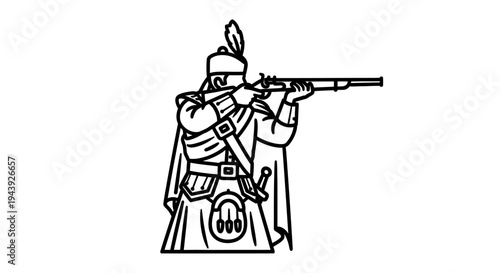 Line Art Illustration of a Highlander Soldier with Musket, Scottish Warrior Aiming Rifle