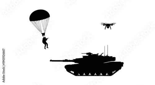 Military Drone, Paratrooper, and Tank Silhouette - Modern Warfare Concept