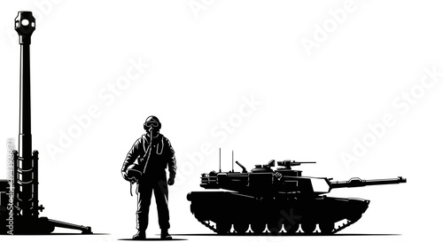 Military Equipment Comparison: Soldier, Tank, and Artillery Silhouette