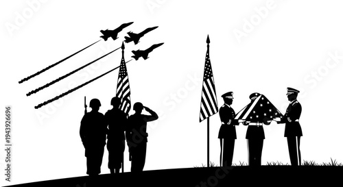 Military Funeral Honor Guard with Fighter Jets Flyover and Flag Ceremony